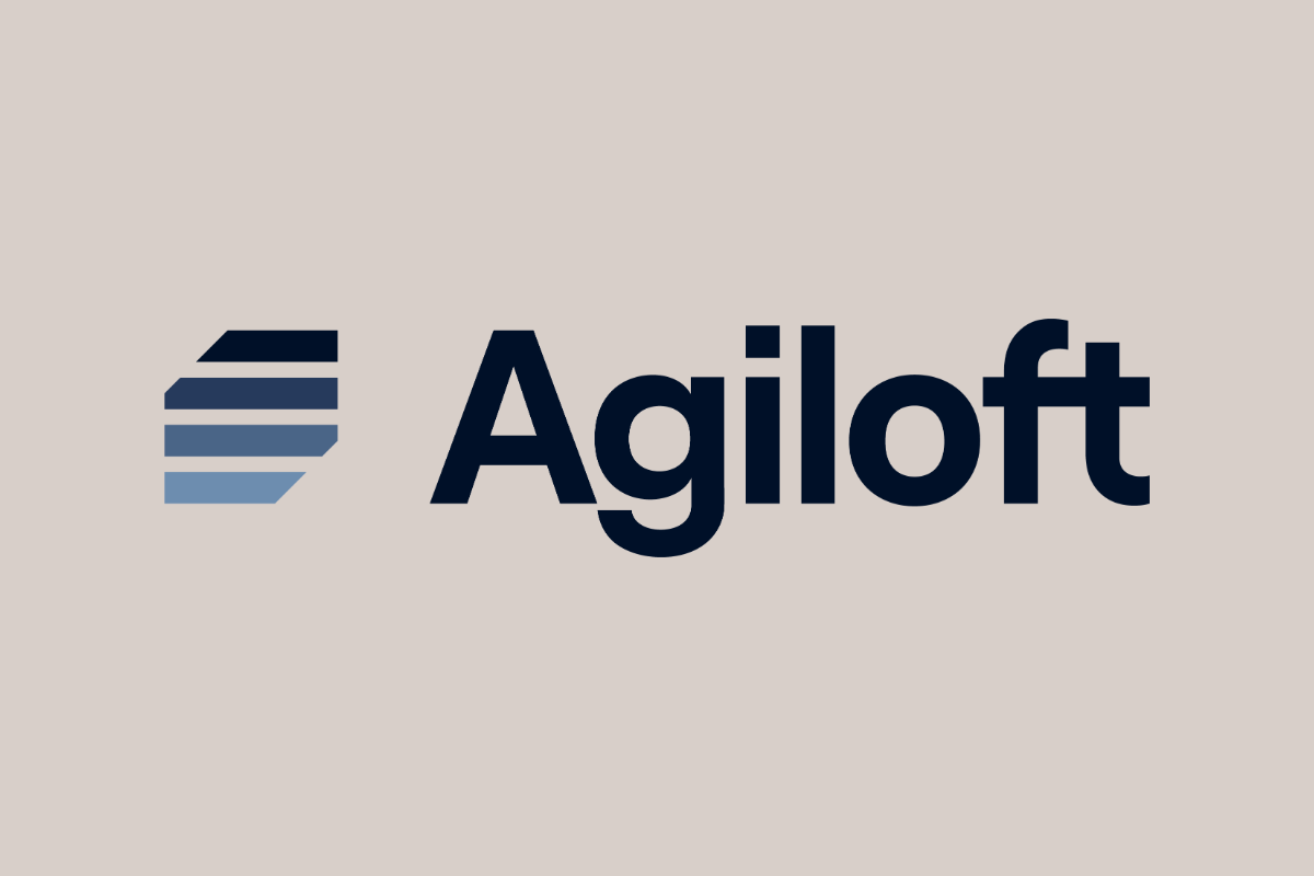 Agiloft logo with stylized blue and gray icon next to the word 'Agiloft' in black font on a beige background.