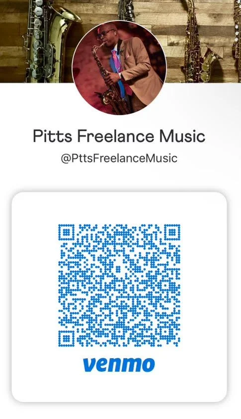 A digital profile for Pitts Freelance Music with a profile picture of a person playing a saxophone. The background has musical instruments hanging on a wall.