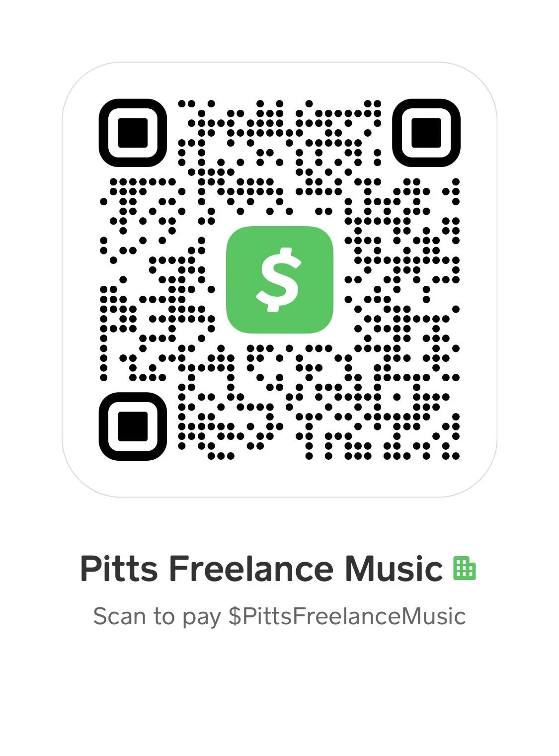 QR code for Pittsville freelance music payment, with text indicating scan to pay at $PittsFreelanceMusic.
