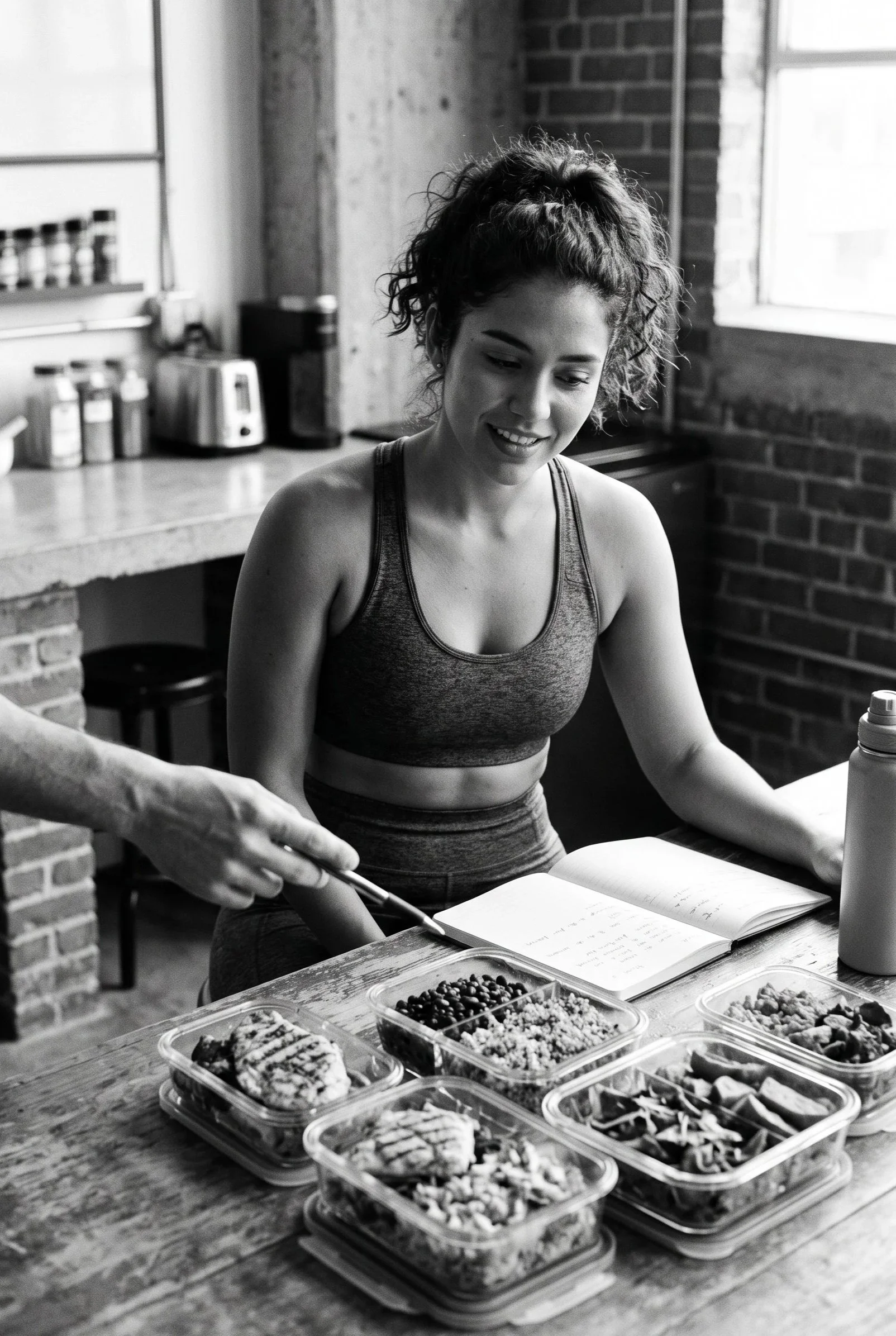 A woman with curly hair in a workout top sitting at a table with food containers, open book, and a water bottle in front of her.
