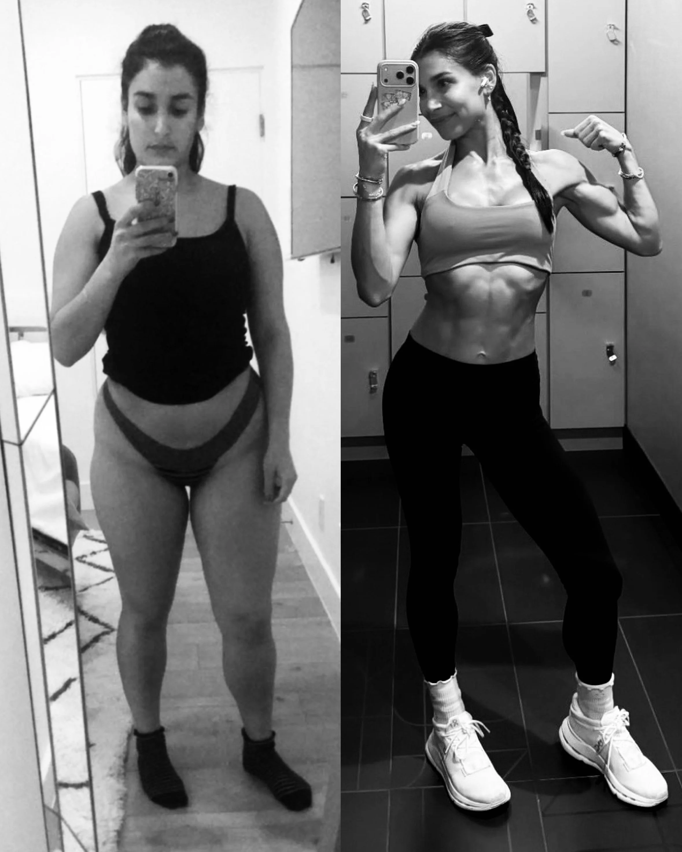 Side-by-side mirror selfies of a woman in underwear, before and after a fitness transformation. Left side shows her with more body mass, and right side shows her with a leaner, toned physique.