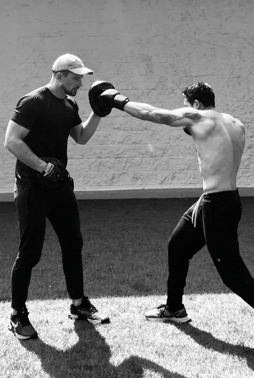 A shirtless man with tattoos practicing boxing with a trainer who is holding a punching pad. The trainer is dressed in a cap, t-shirt, and gloves, and is standing on a grassy area with a brick wall in the background.