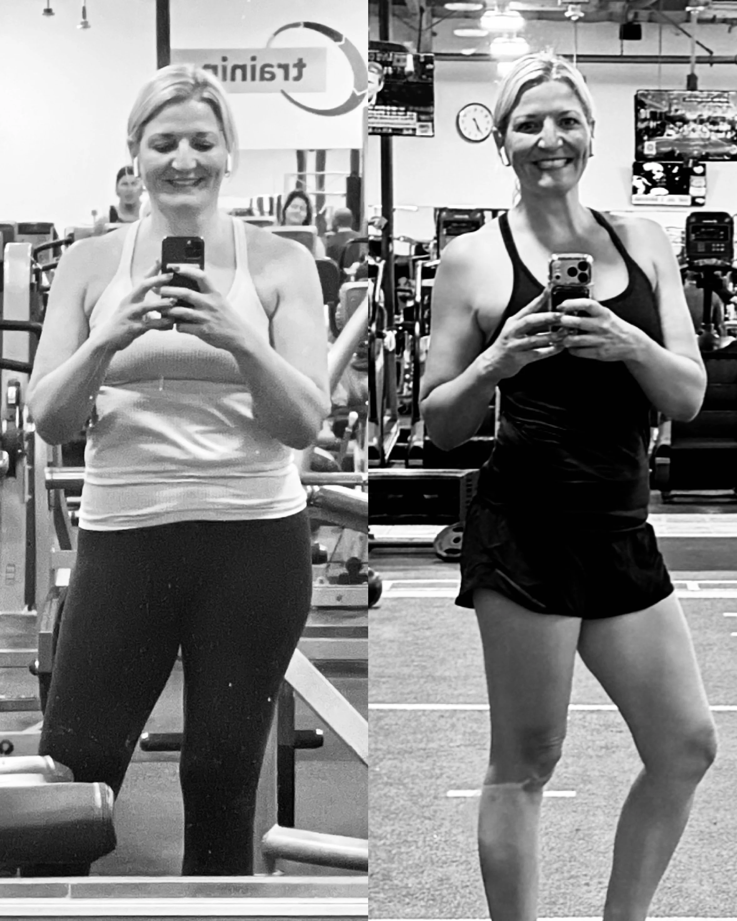 A side-by-side black-and-white comparison of a woman taking mirror selfies at the gym, wearing workout attire, with different facial expressions and postures.