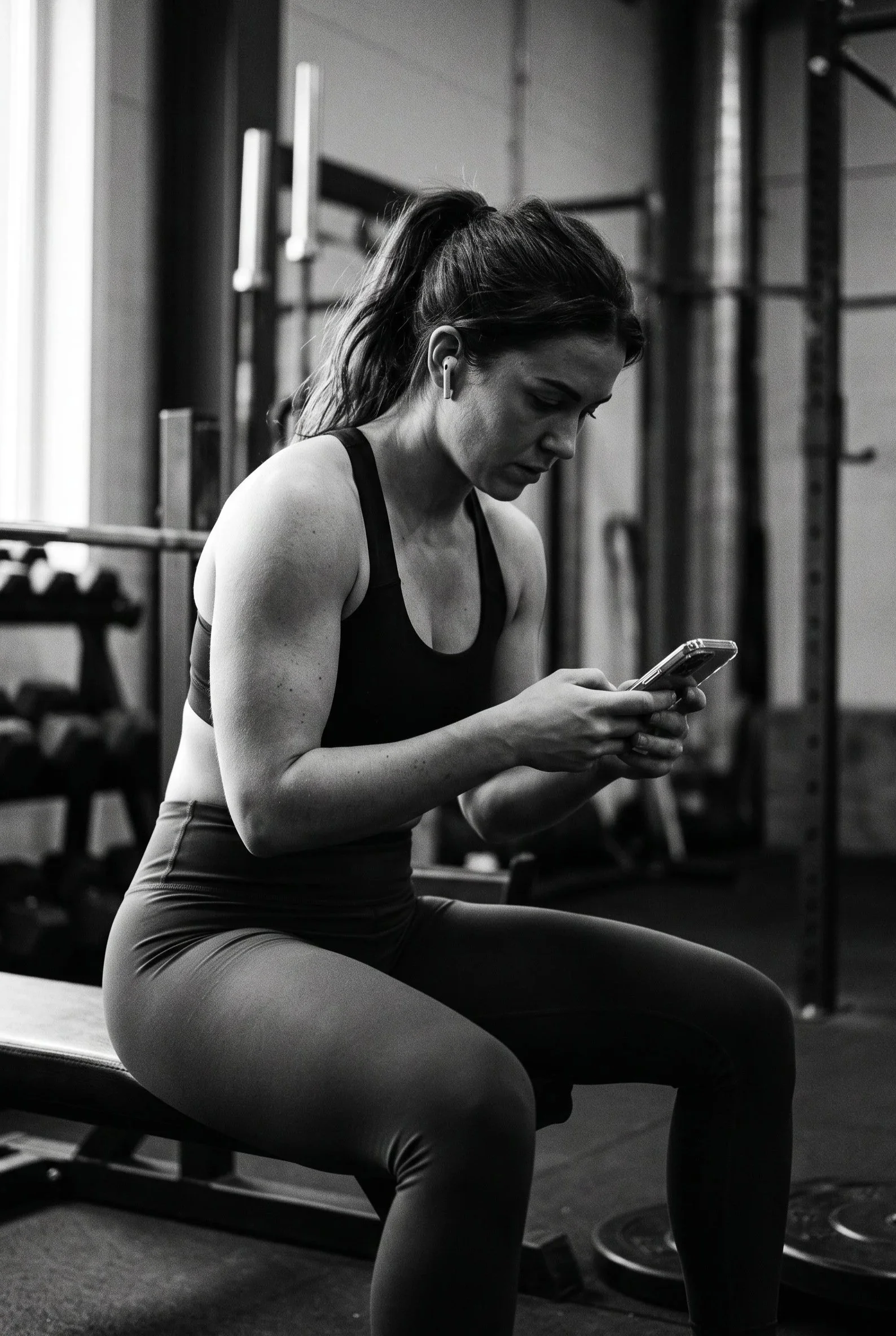 A woman sitting on a workout bench in a gym, looking at her phone, wearing athletic clothing, with gym equipment in the background.