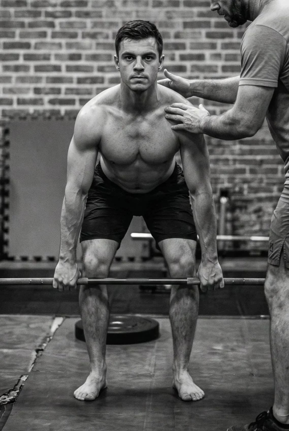 A man lifting a barbell during weightlifting practice, with a trainer standing nearby providing support, in a gym with brick wall background.
