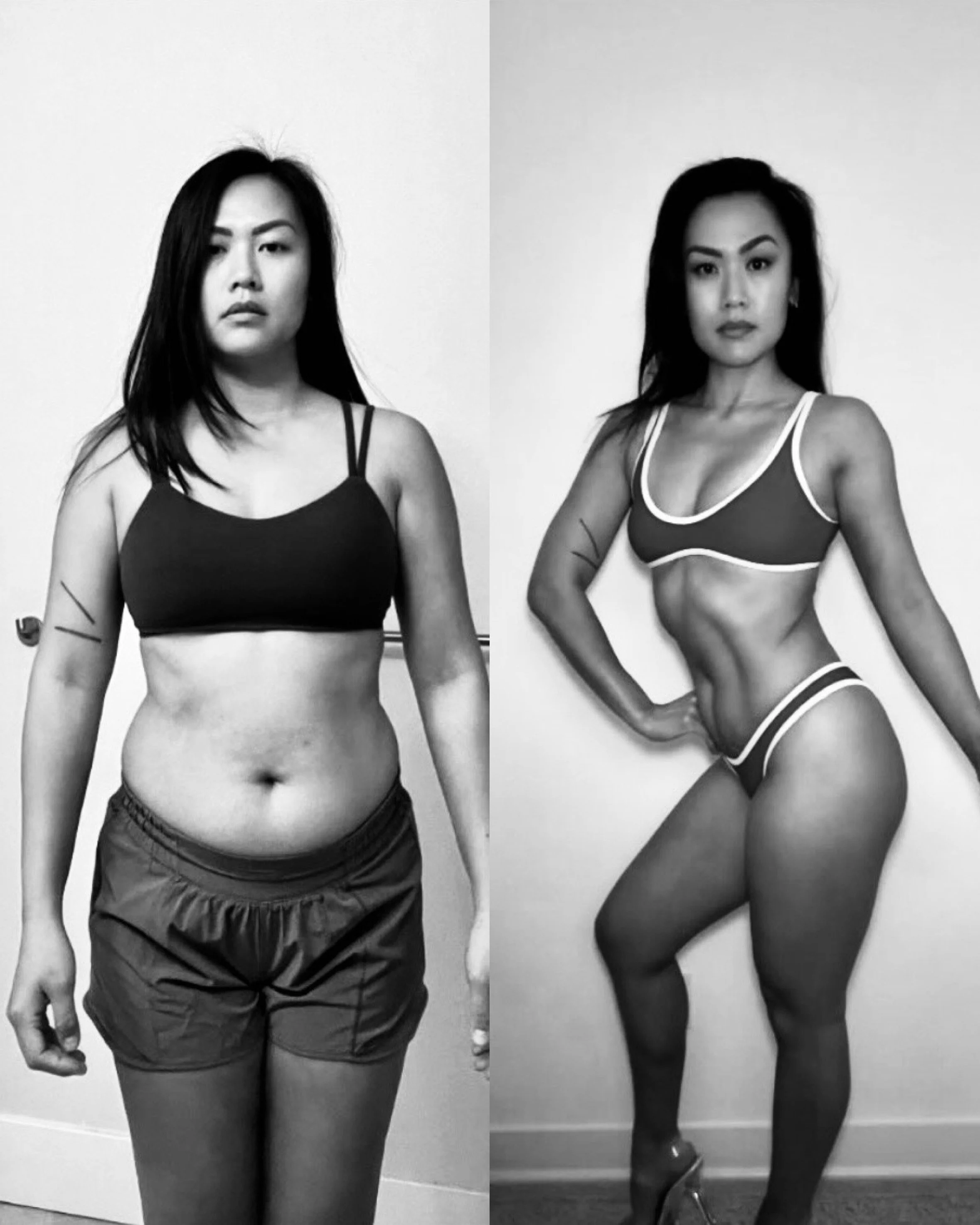 Black-and-white photo of a woman with long dark hair, wearing a sports bra and shorts in the left image, and a matching crop top and shorts with high heels in the right image, standing against a plain wall.