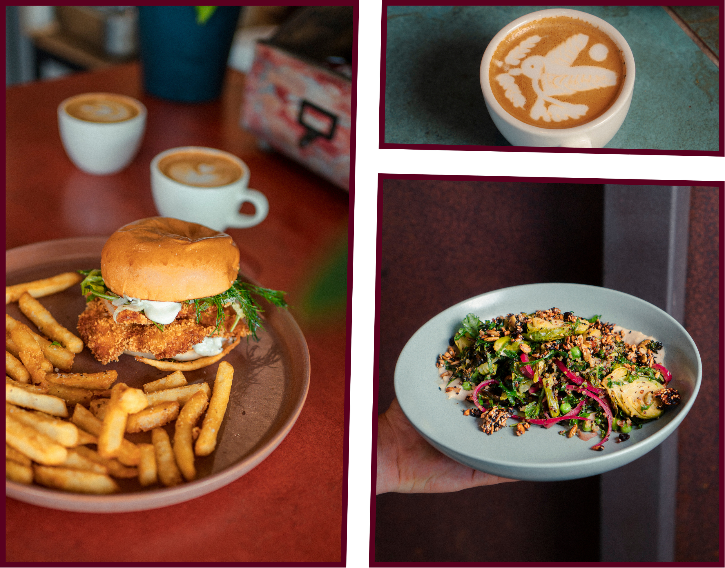 3 Images of food, burger, coffee and salad