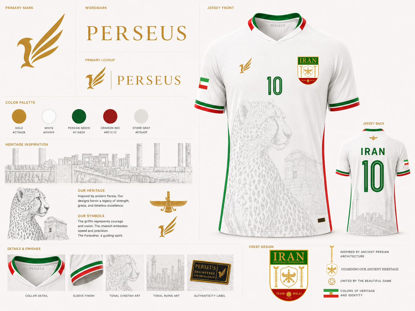 Complete Product design package for the Iran Team Melli Home Jersey, made Persepolis Studio's Perseus sports clothing line. (Includes some AI renditions)