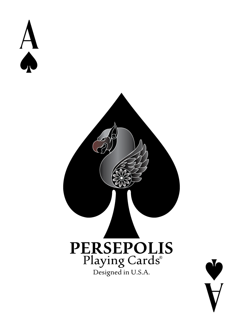Ace of spades of Persian playing card with black spade symbol and a Persian Griffin graphic inside the spade, with the text 'Persepolis Playing Cards' and 'Designed in U.S.A.'