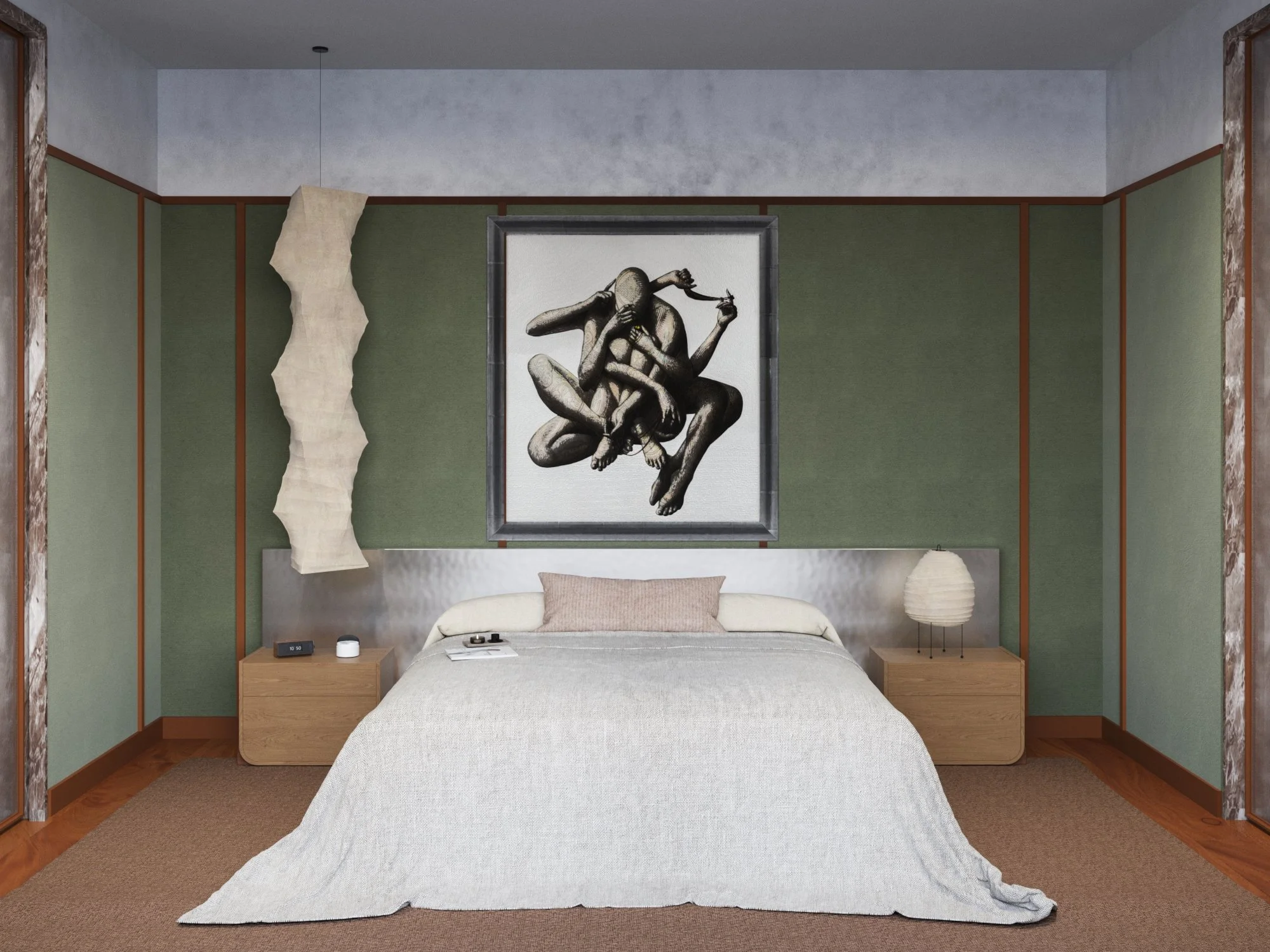 aluminum headboard  bed by Julia Pererva, Akari lights by Isamu Noguchi