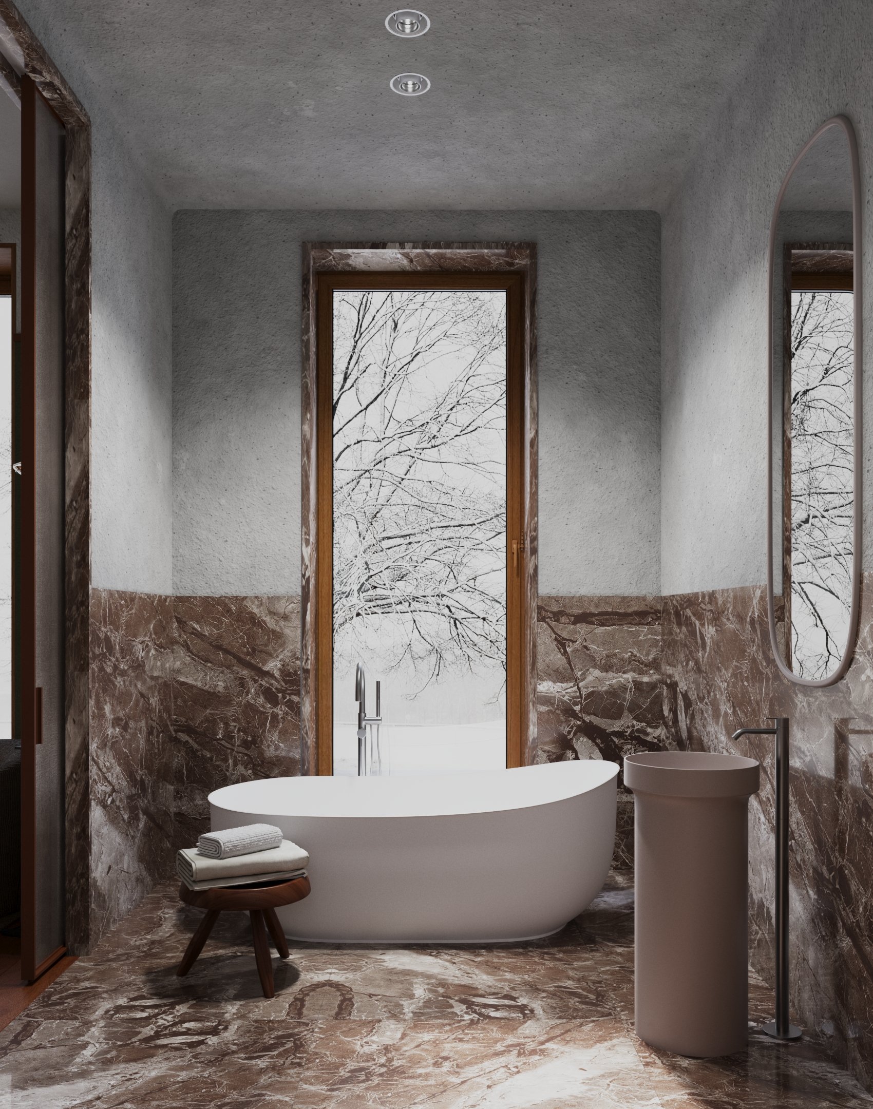 Washbasin and Bathtube, ibany and vintage Berger Stool by Charlotte Perriand, 1950s