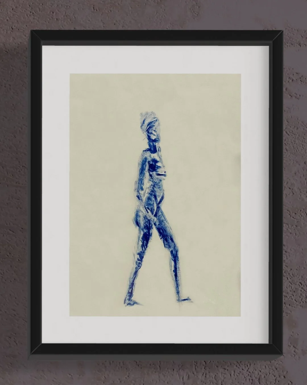 Framed artwork of a blue sketch of a walking woman on a beige background.