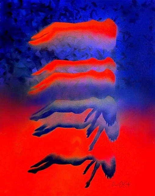 Abstract artwork of multiple hands in shades of red, purple, and blue against a textured dark blue background.