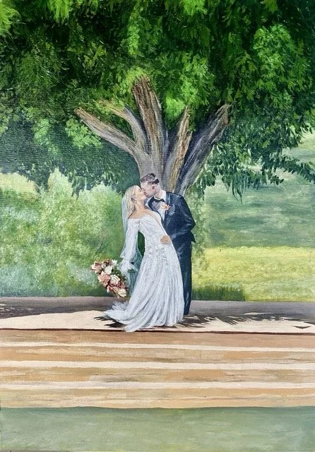 A painting of a bride and groom kissing under a large green tree, with the bride holding a bouquet of flowers.