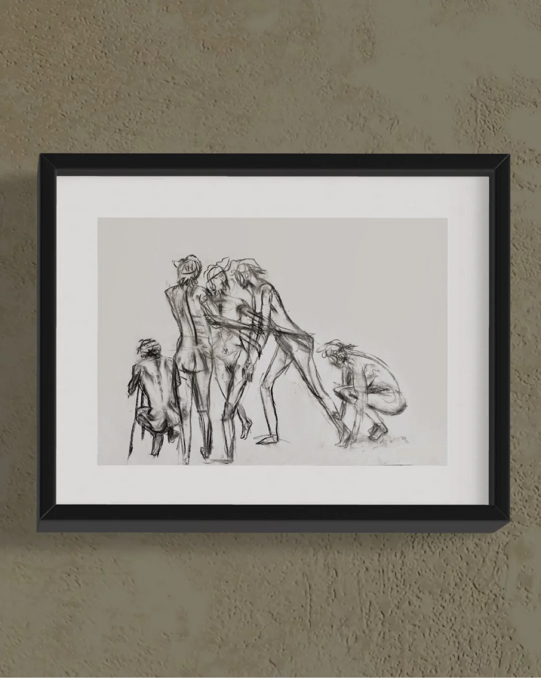 A black and white sketch of five human figures on paper framed and hung on a textured beige wall.