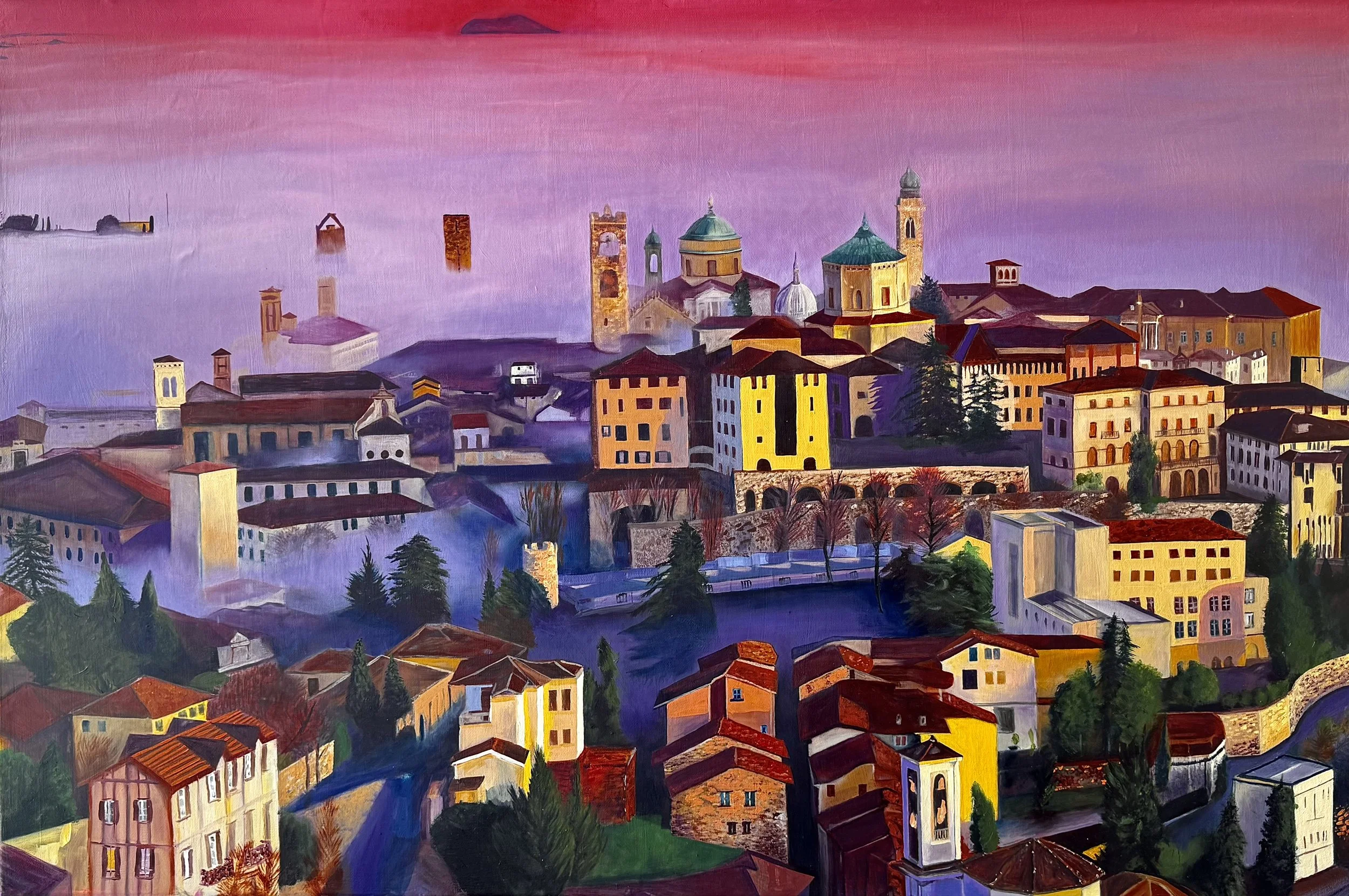 A vibrant painting of a cityscape at sunset, featuring colorful buildings, churches with domes, towers, and a river running through the city, with a pink and purple sky in the background.