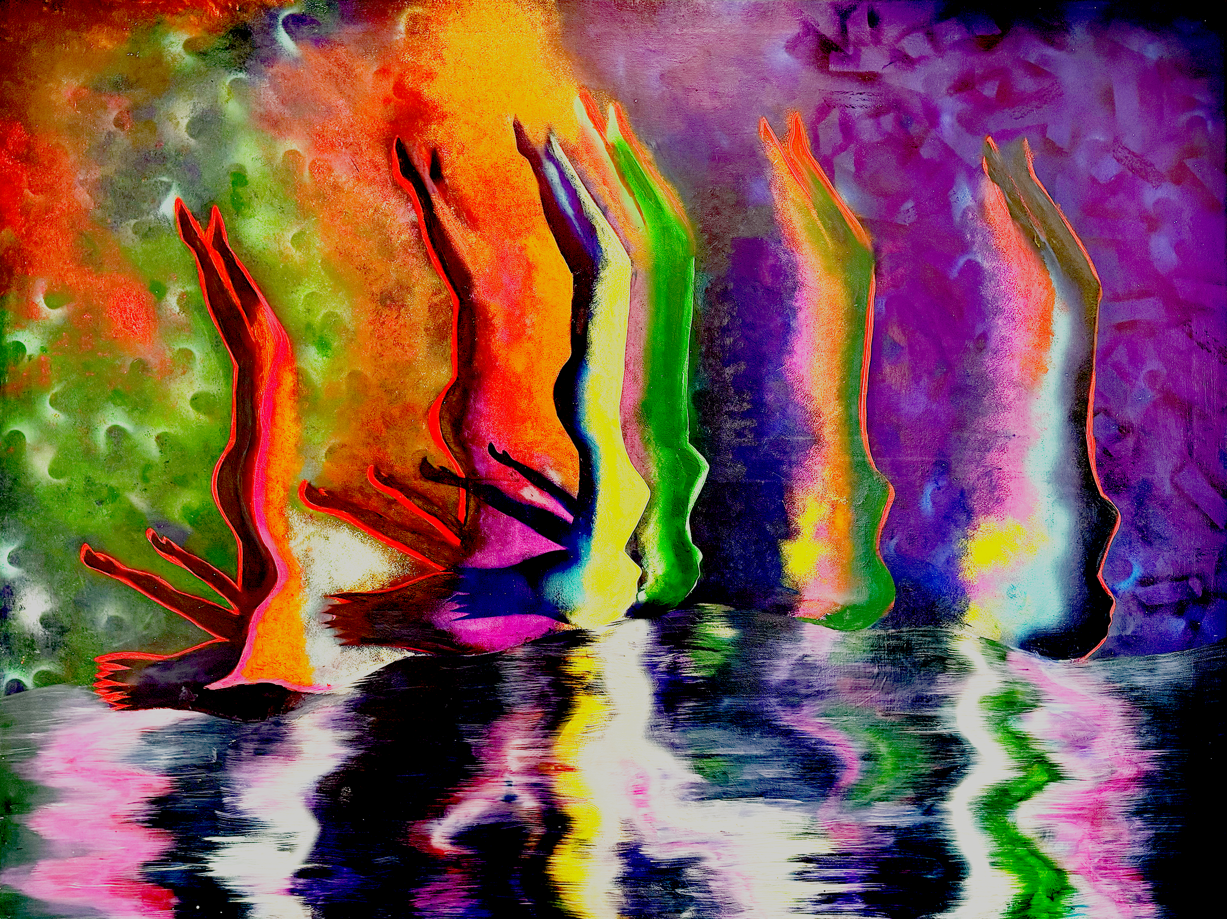 Abstract digital art featuring stylized, multicolored human profiles facing right, with reflections on water, blending vibrant hues of red, green, yellow, purple, and blue.