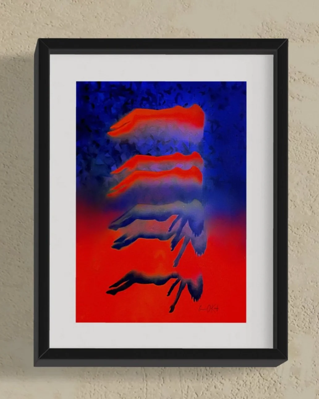 Framed abstract painting of four hands reaching towards each other with a red and blue background.