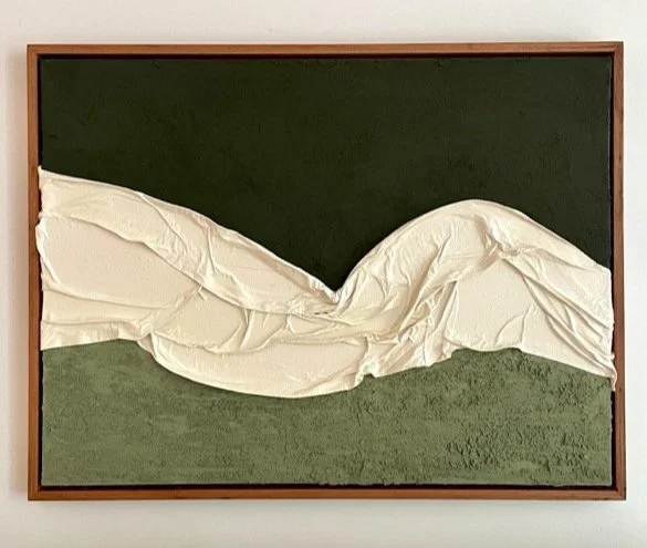Abstract artwork featuring a textured, cream-colored fabric draped over a window or surface against a green background.