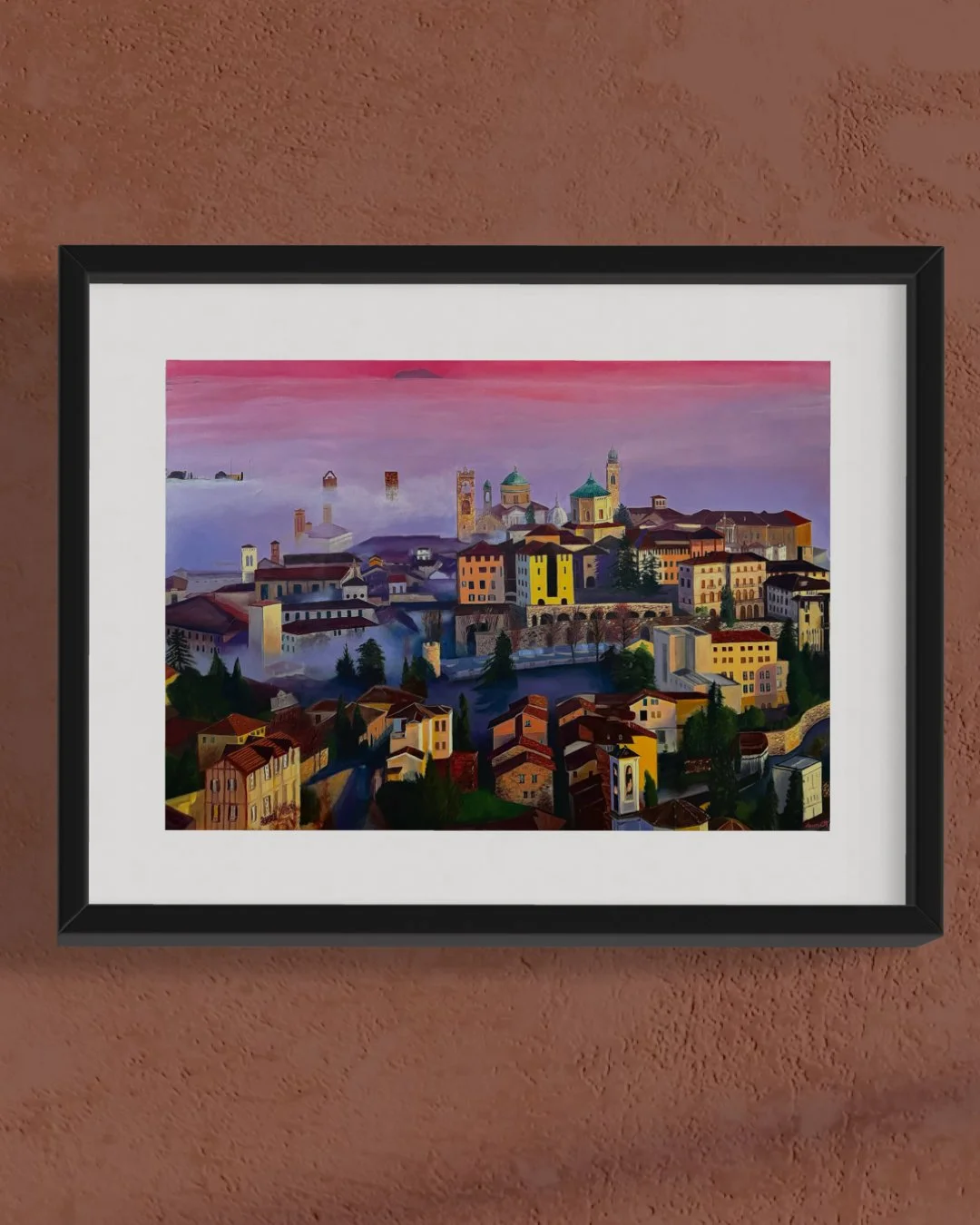 Painting of a hillside town at sunset with colorful buildings, towers, and trees under a pink and purple sky.