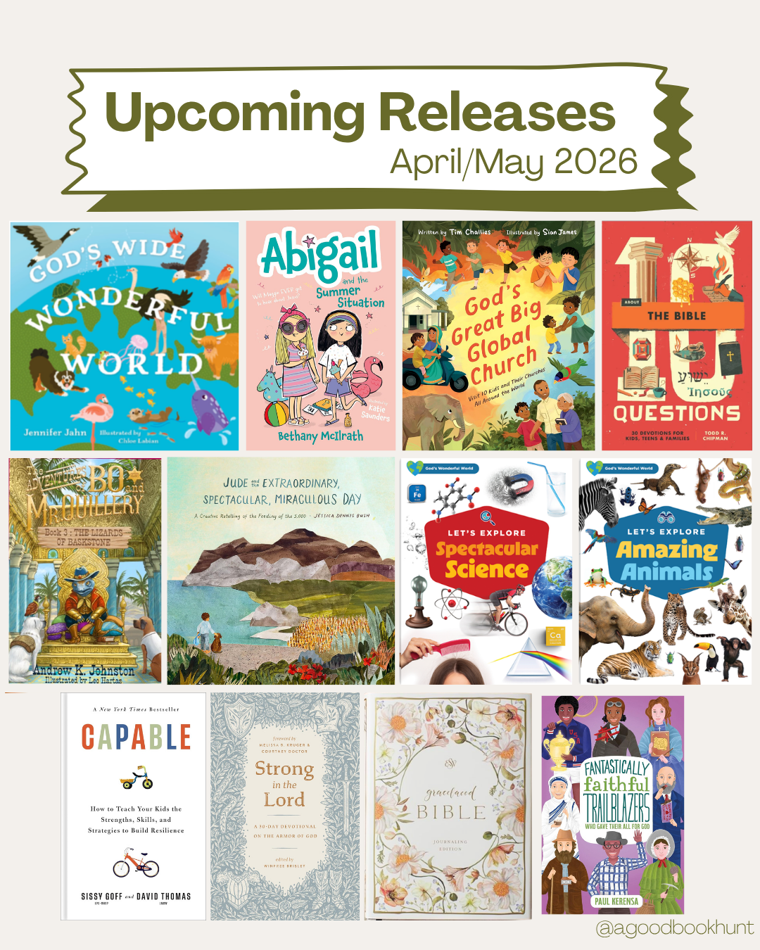 Cover images of Christian children’s books releasing in April and May 2026