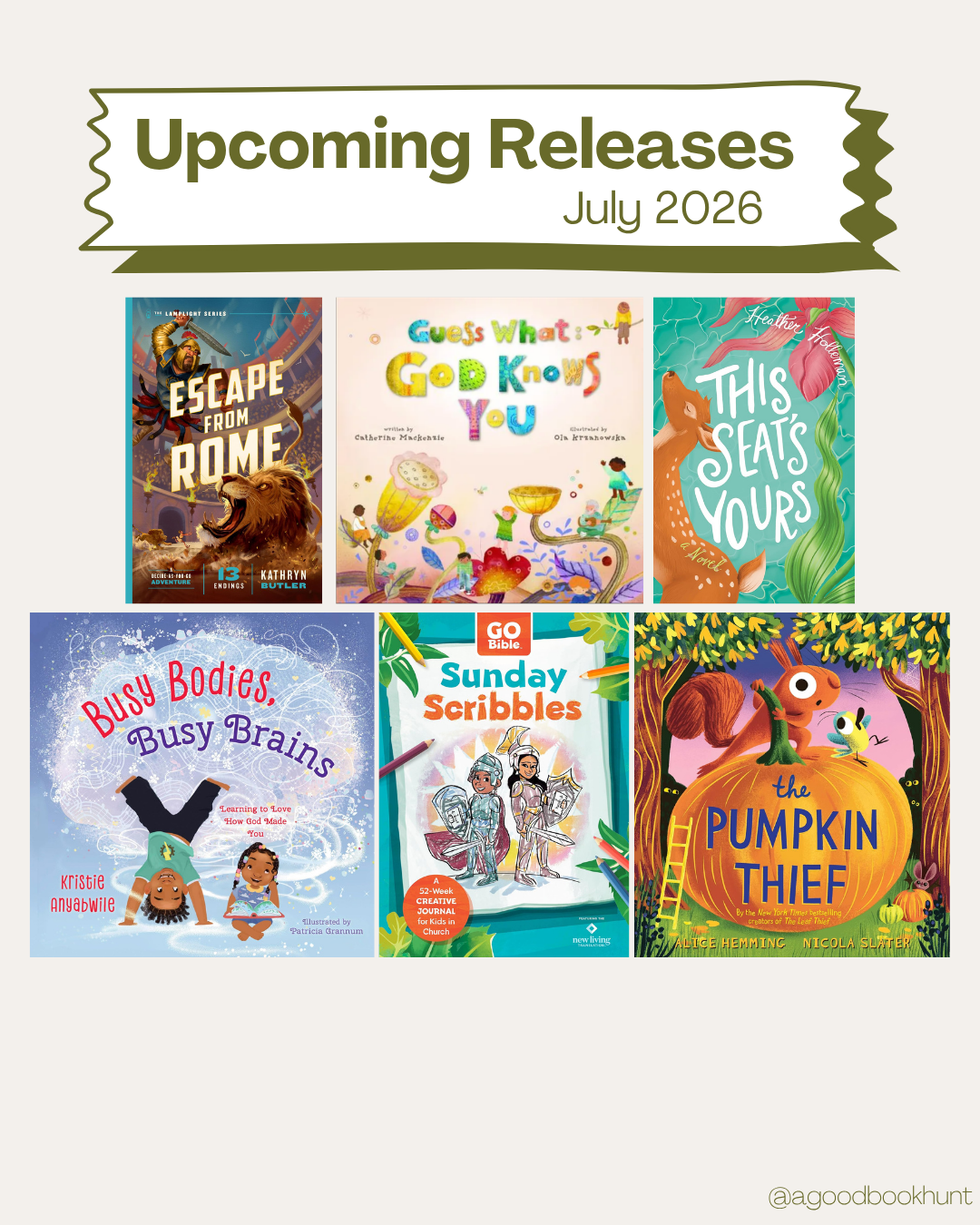 Graphic of July 2026 book releases for the Christian family including children's and adult fiction and nonfiction reads
