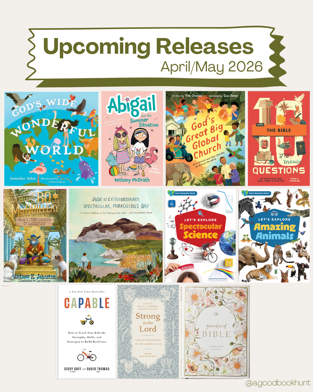 Cover images of Christian children’s books releasing in April and May 2026