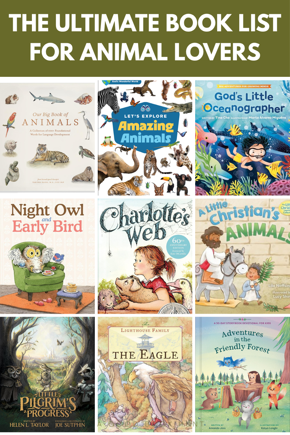Graphic of book covers with title The Ultimate Book List for Animals Lovers pin