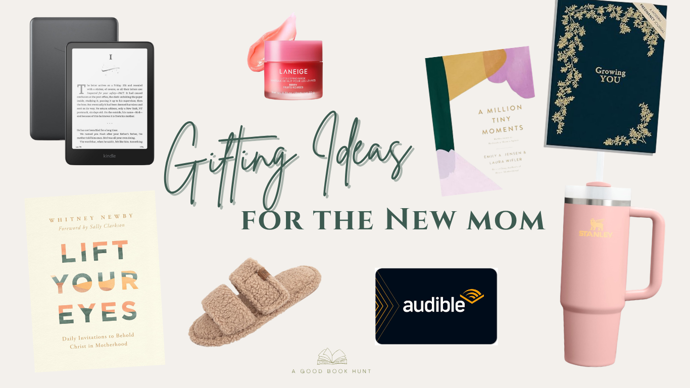 Graphic of gifting ideas for a new mom including books and accessories