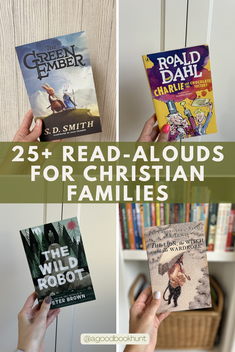 Pinterest graphic featuring four family read-aloud books with the title "25+ Family Read-Alouds"