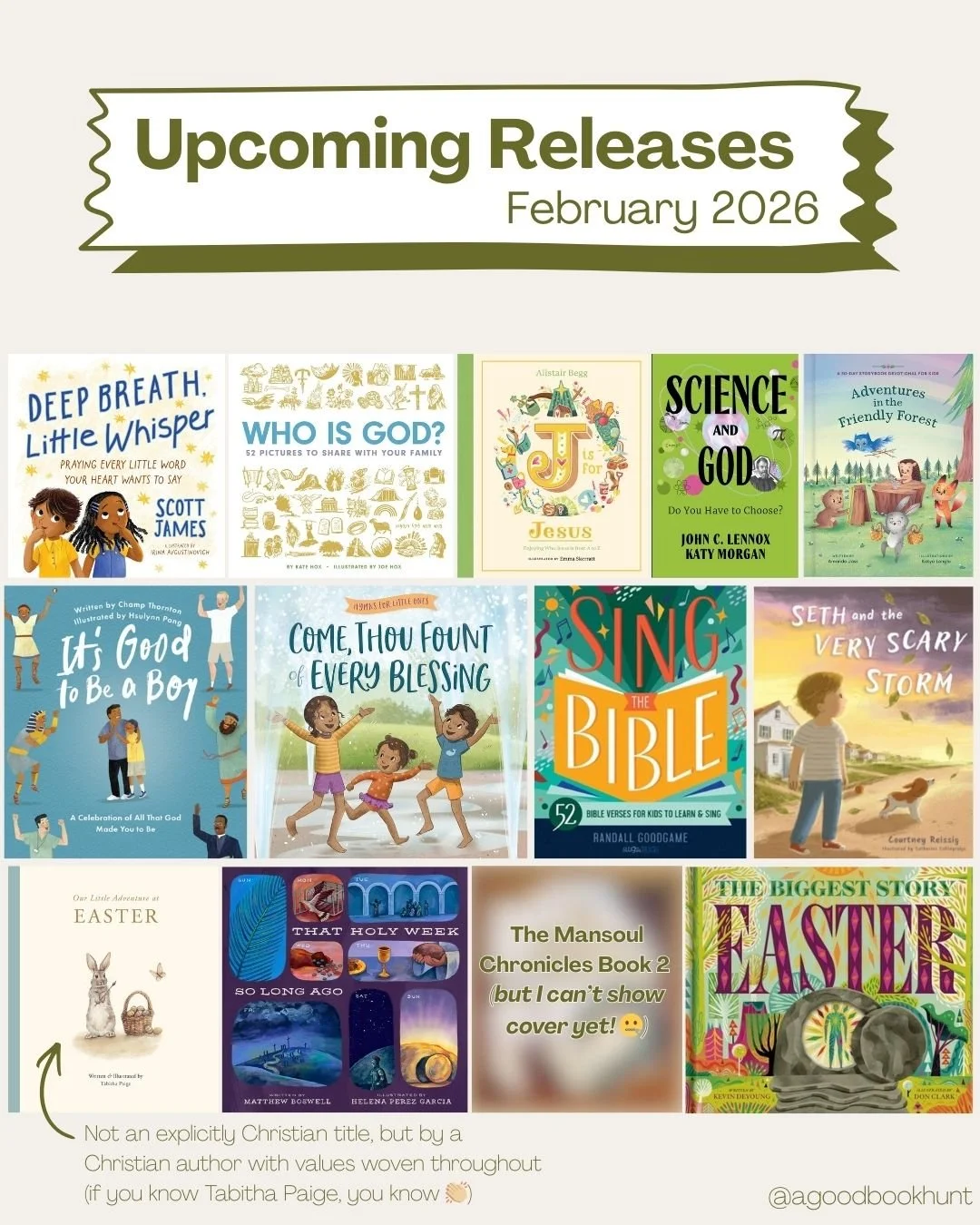 Cover images of Christian children’s books releasing in February 2026