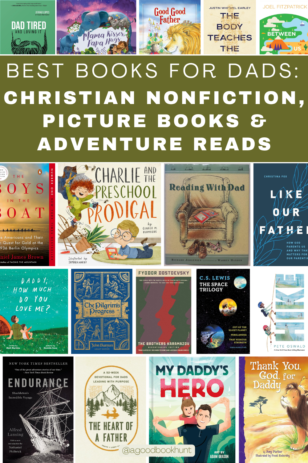 Pinnable image of various children's picture books. christian nonfiction, and fiction in a graphic with text: Best Books For Dad