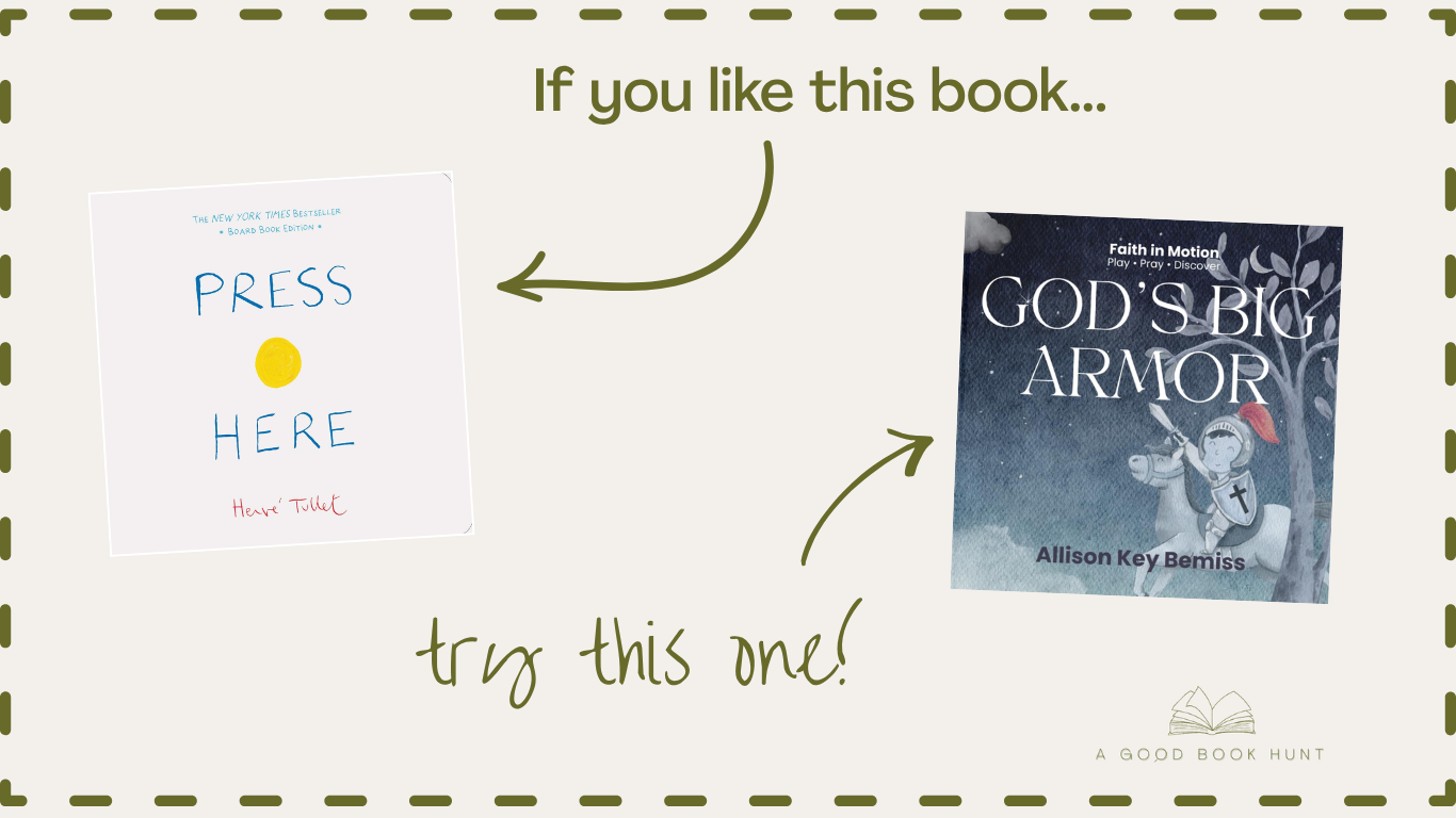 Graphic of press here and God's Big Armor side by side