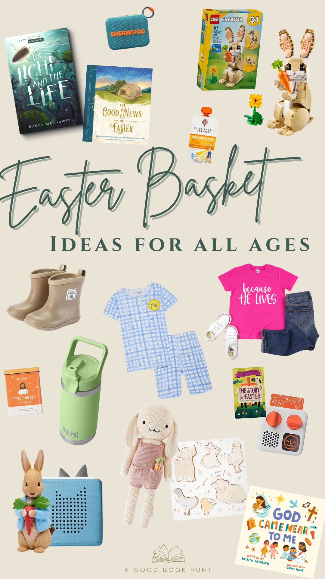 Graphic of Easter basket ideas for all ages (pin for later!)
