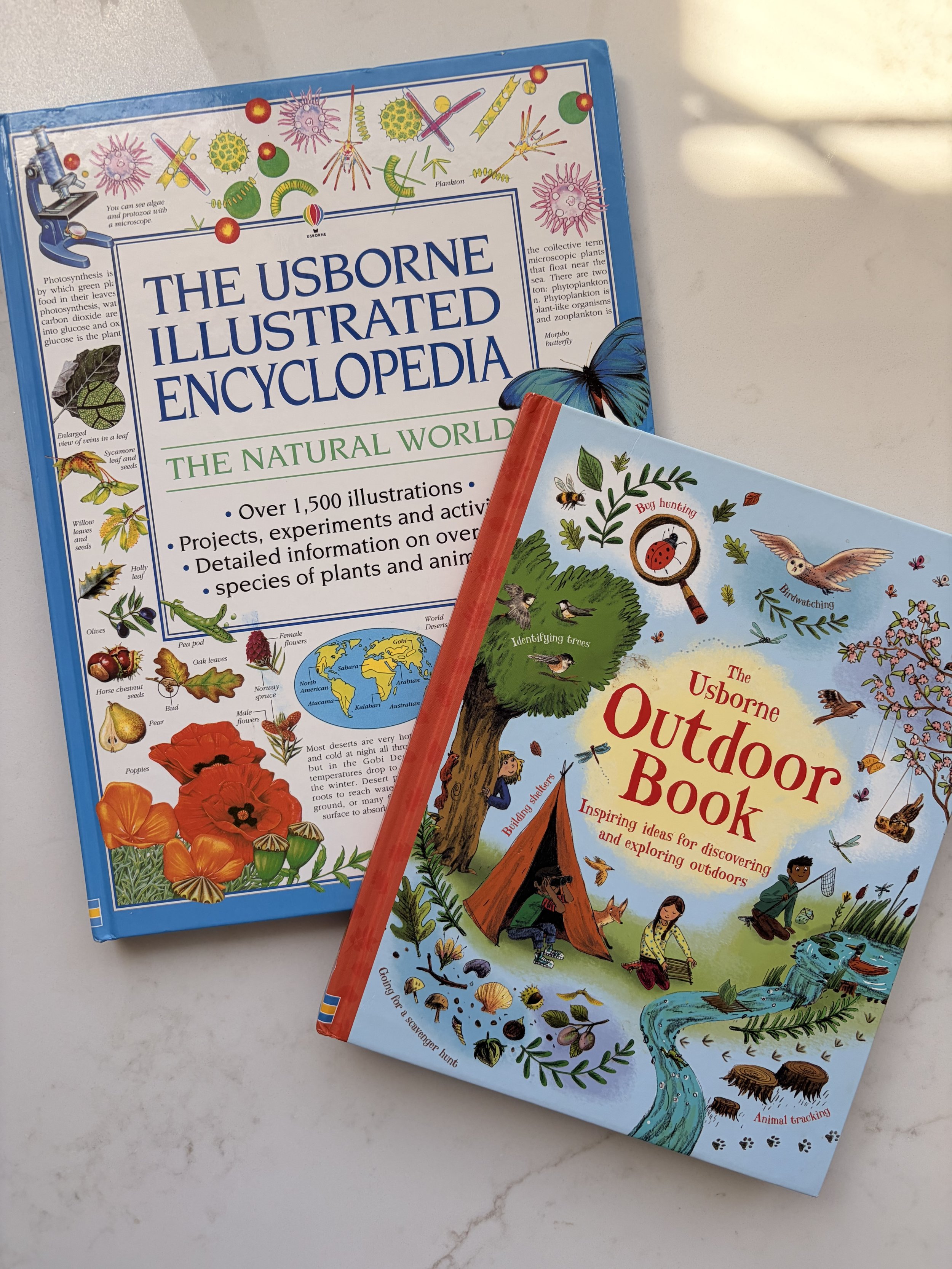 Two Usborne nature reference books, including The Usborne Illustrated Encyclopedia and The Usborne Outdoor Book, on a countertop