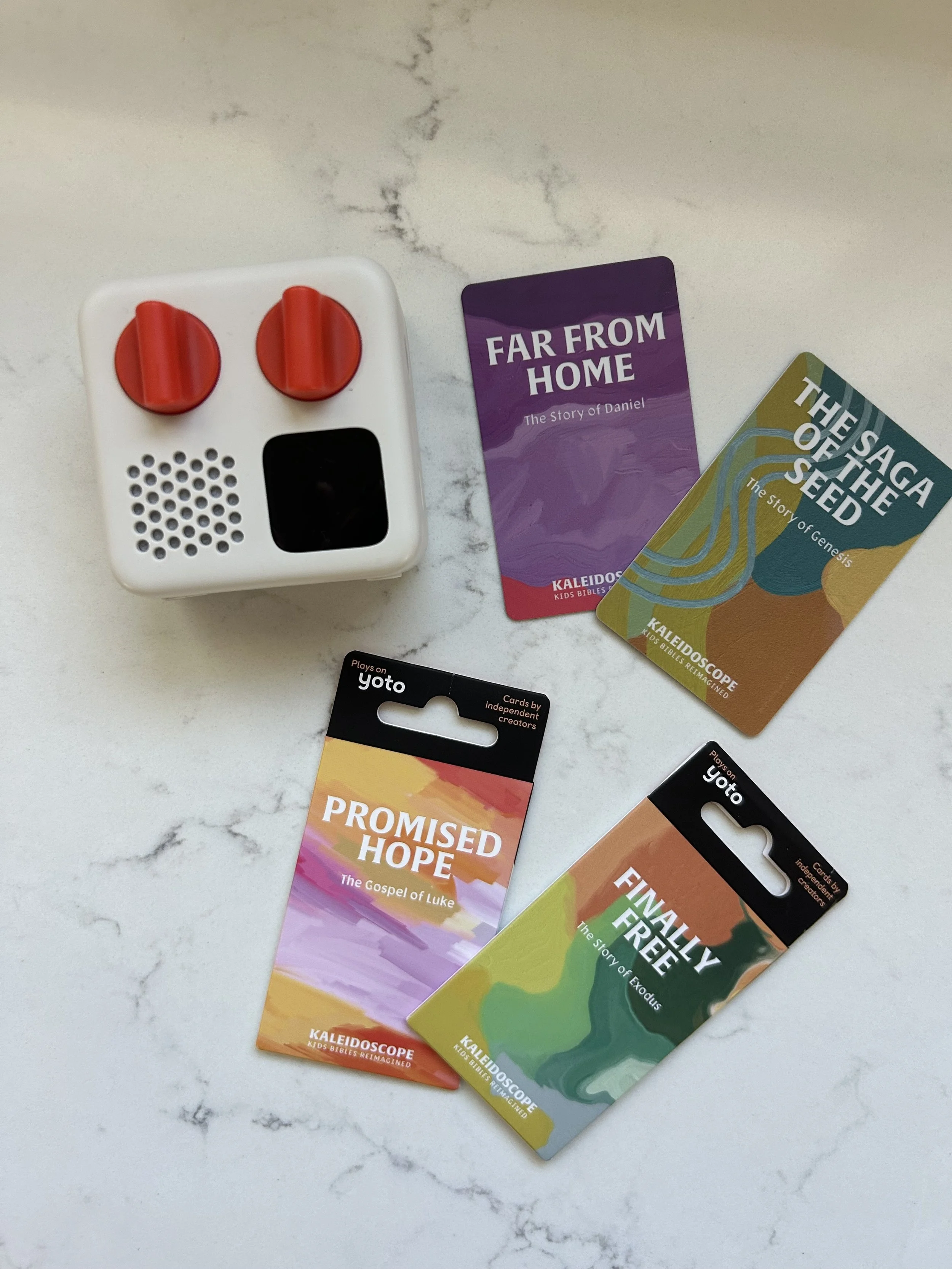 Kaleidoscope Christian Yoto cards with a Yoto Mini, including Far From Home, Promise, Hope, and Finally Free
