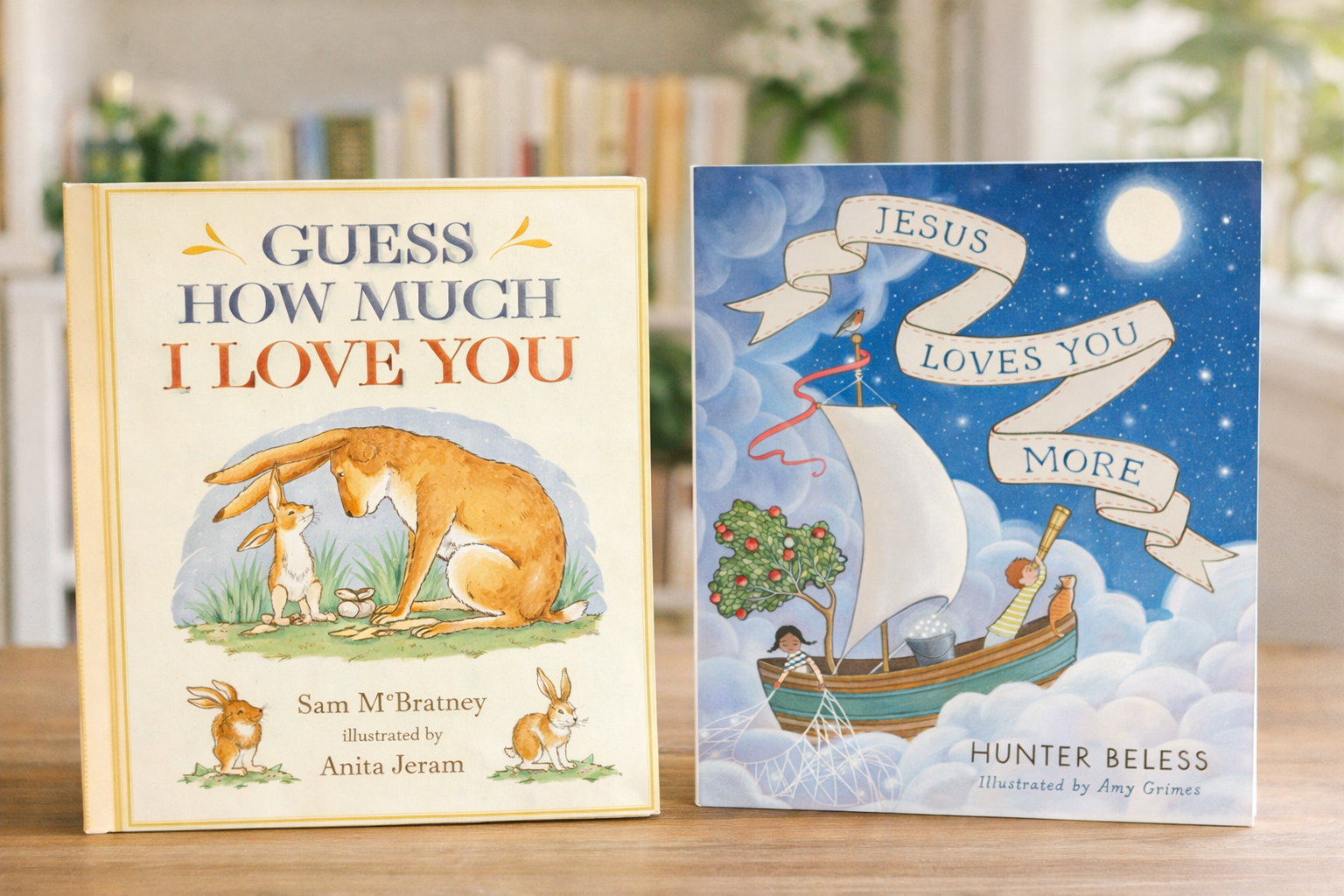 Comparison of Guess How Much I Love You and Jesus Loves You More, a Christian alternative picture book.