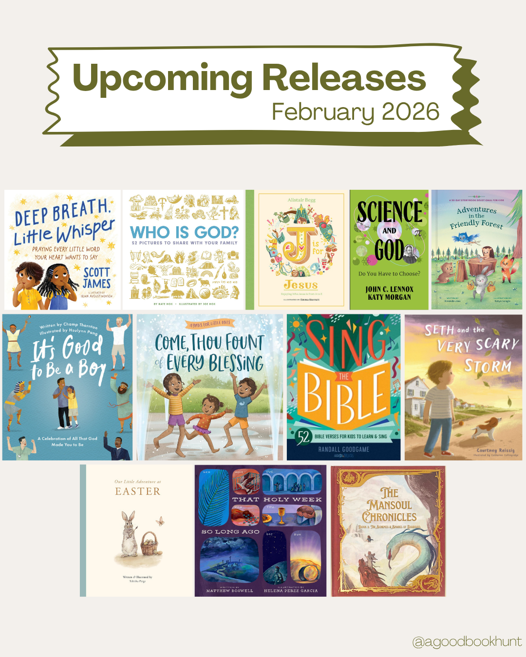 Cover images of Christian children’s books releasing in February 2026