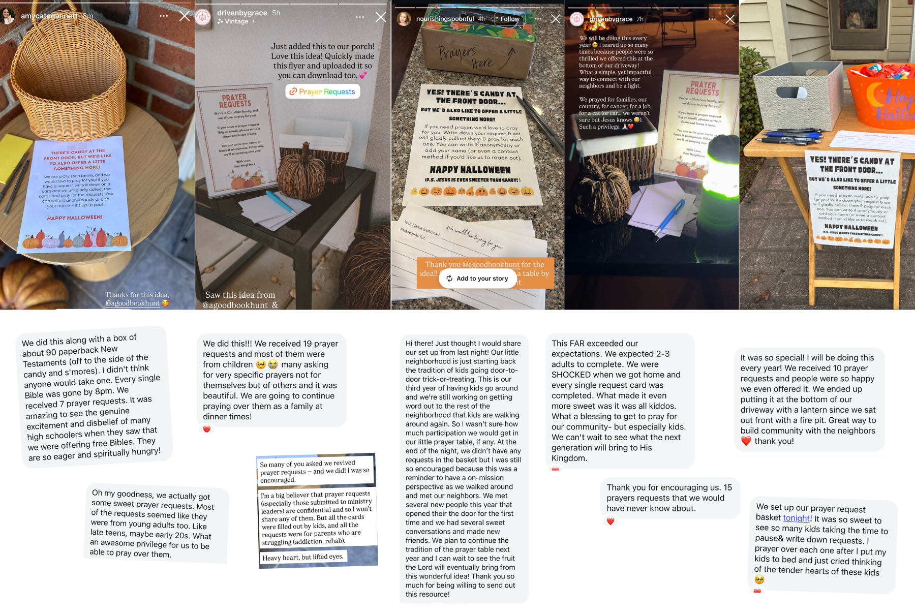 A collage of social media stories and messages from families who set up Halloween prayer request tables, sharing their experiences praying for neighbors and children