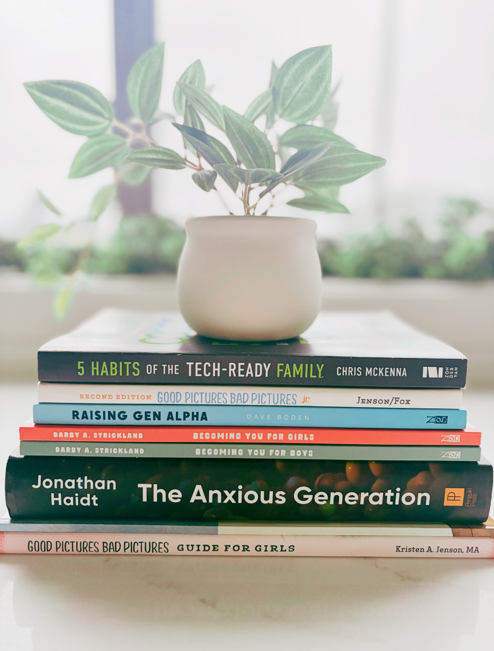 Stack of Christian parenting and children's books about technology, pornography, puberty, sexuality, and raising kids in today's digital world