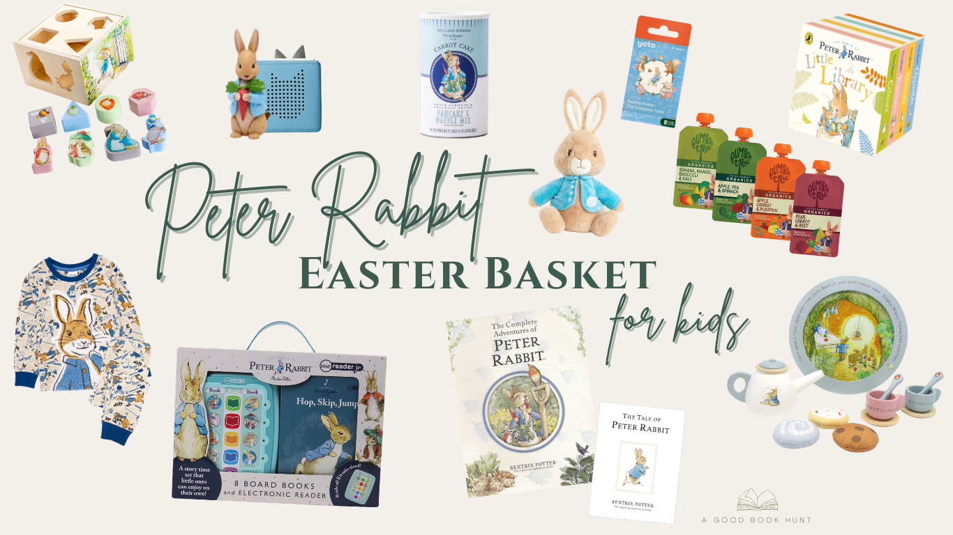 Graphic of peter rabbit inspired Easter basket ideas for kids