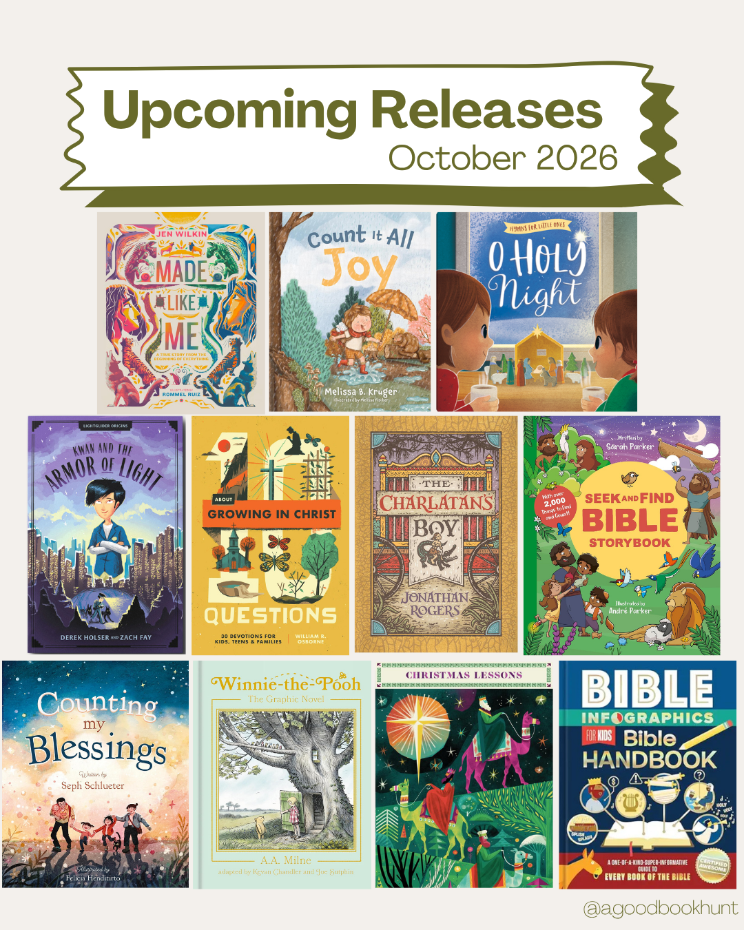 Graphic of book covers released in October 2026 for christian families