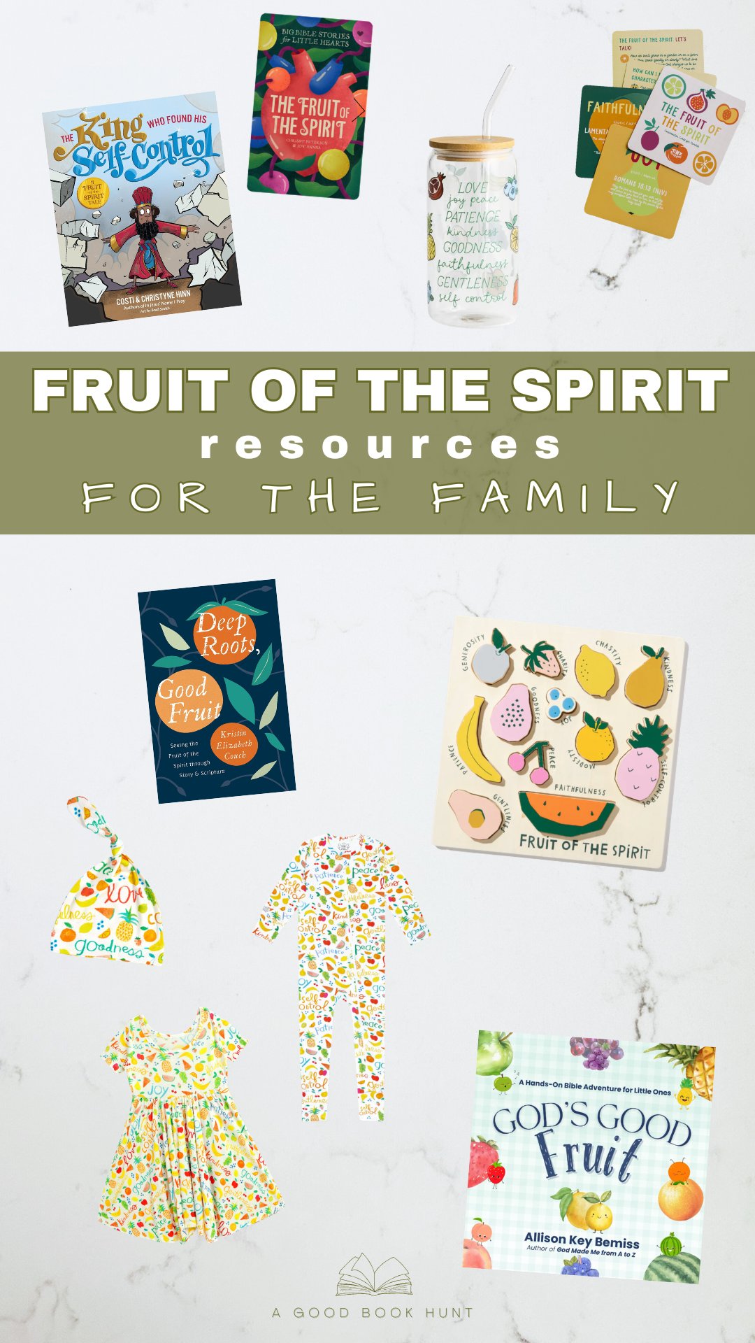 Graphic for pinterest of various fruit of the spirit resources like books, puzzles, clothes and more