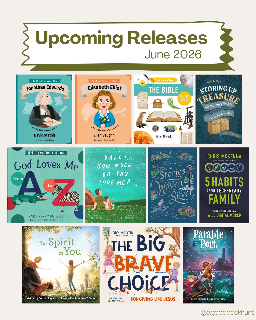 Graphic of June 2026 book releases for the Christian family including children's and adult fiction and nonfiction reads