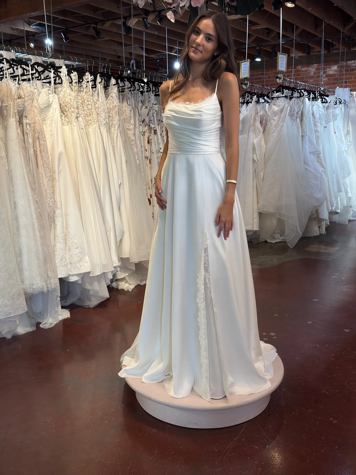 Yes, that&rsquo;s a faux slit! The lining can be adjusted during alterations if you&rsquo;d like some leg. And she&rsquo;s one of a kind! 
.
.
.
brides #bridal #bridalgowns #greenbride #weddingdress #thedress #wedding #consignment #emeraldcitygowns
