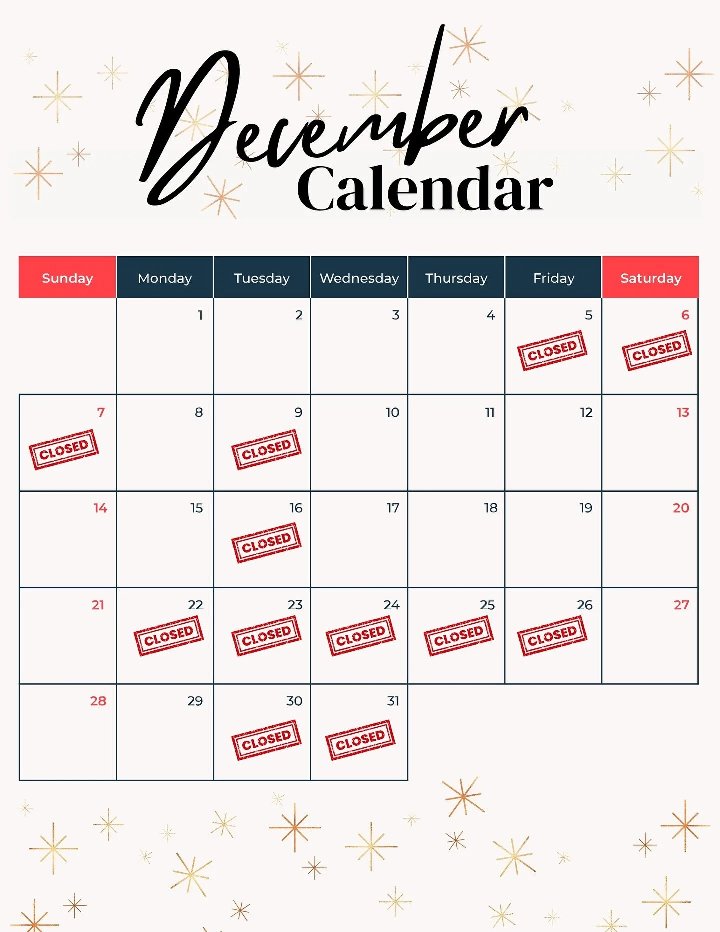 We&rsquo;re wrapping up the year with some well-deserved sparkle + rest! 🎁✨
Please note our December closure dates:
🗓️ Dec 5&ndash;7
🗓️ Dec 22&ndash;26
🗓️ Dec 30&ndash;Jan 1

We&rsquo;ll be back helping you say &ldquo;yes to the dress&rdquo; befo