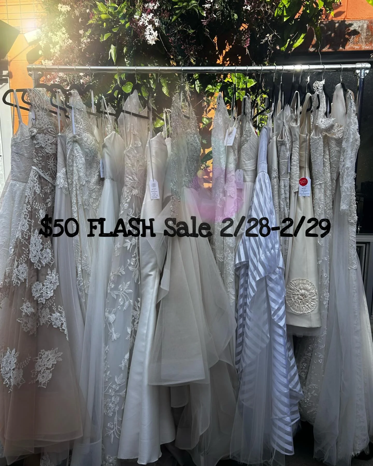 $50 Flash Sale! we&rsquo;ve got racks of gowns (there&rsquo;s more that weren&rsquo;t shown) that range in various sizes and they will be sold final sale with no given time to try on. You could find the one&hellip; come and check it out!