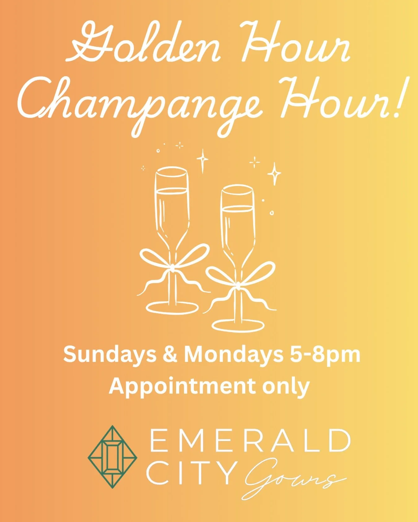 ✨ Golden Hour Champagne Appointments ✨

We&rsquo;re extending our summer hours and giving you another reason to say &ldquo;yes&rdquo; to the dress. 🥂

Book your bridal appointment on Sundays or Mondays between 5:00 PM and 8:00 PM and enjoy complimen