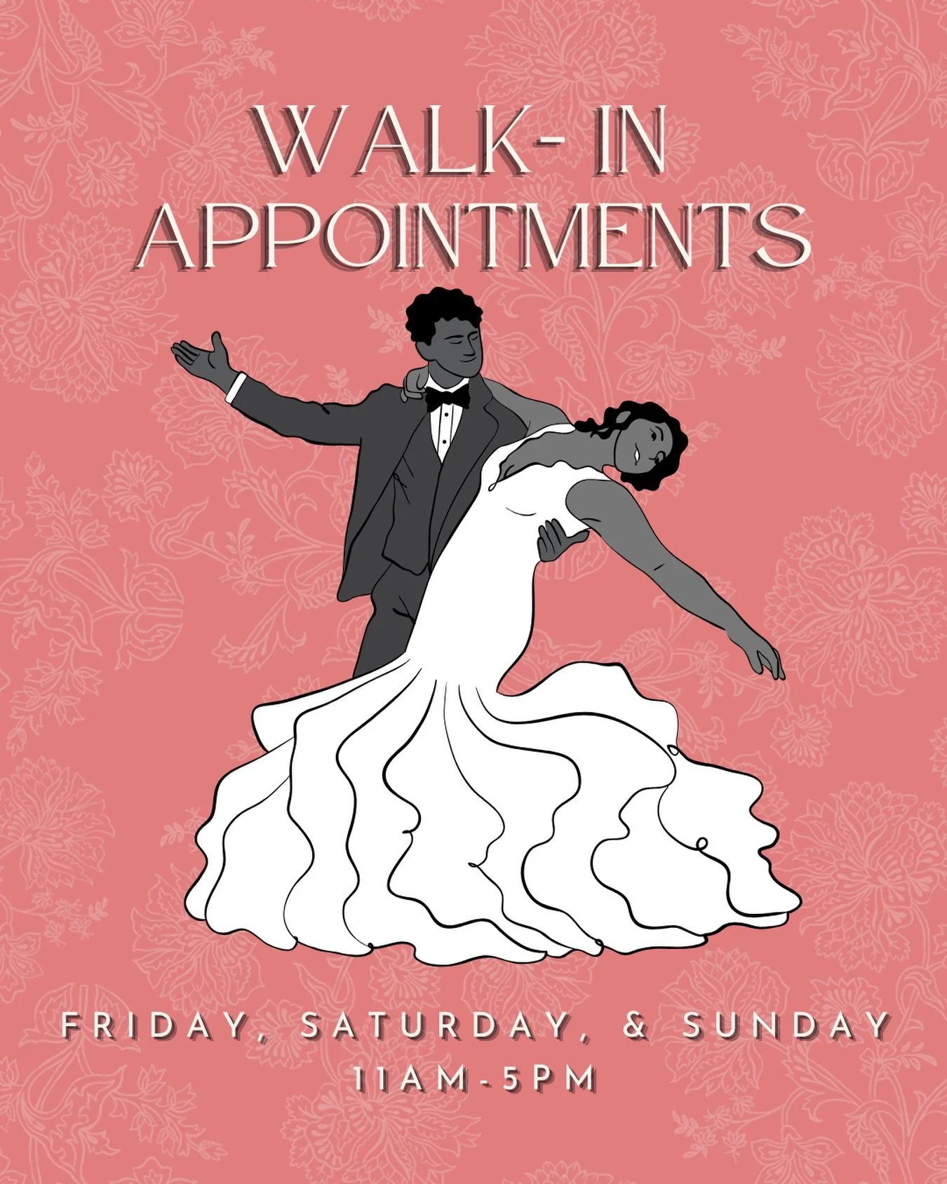 ✨ Weekend Walk-In Bridal Shopping ✨

Join us every Friday, Saturday, and Sunday from 11 AM&ndash;5 PM for walk-in bridal shopping!

No appointment needed&mdash;simply stop by and explore our collection. Walk-in brides may select and try on up to 5 go