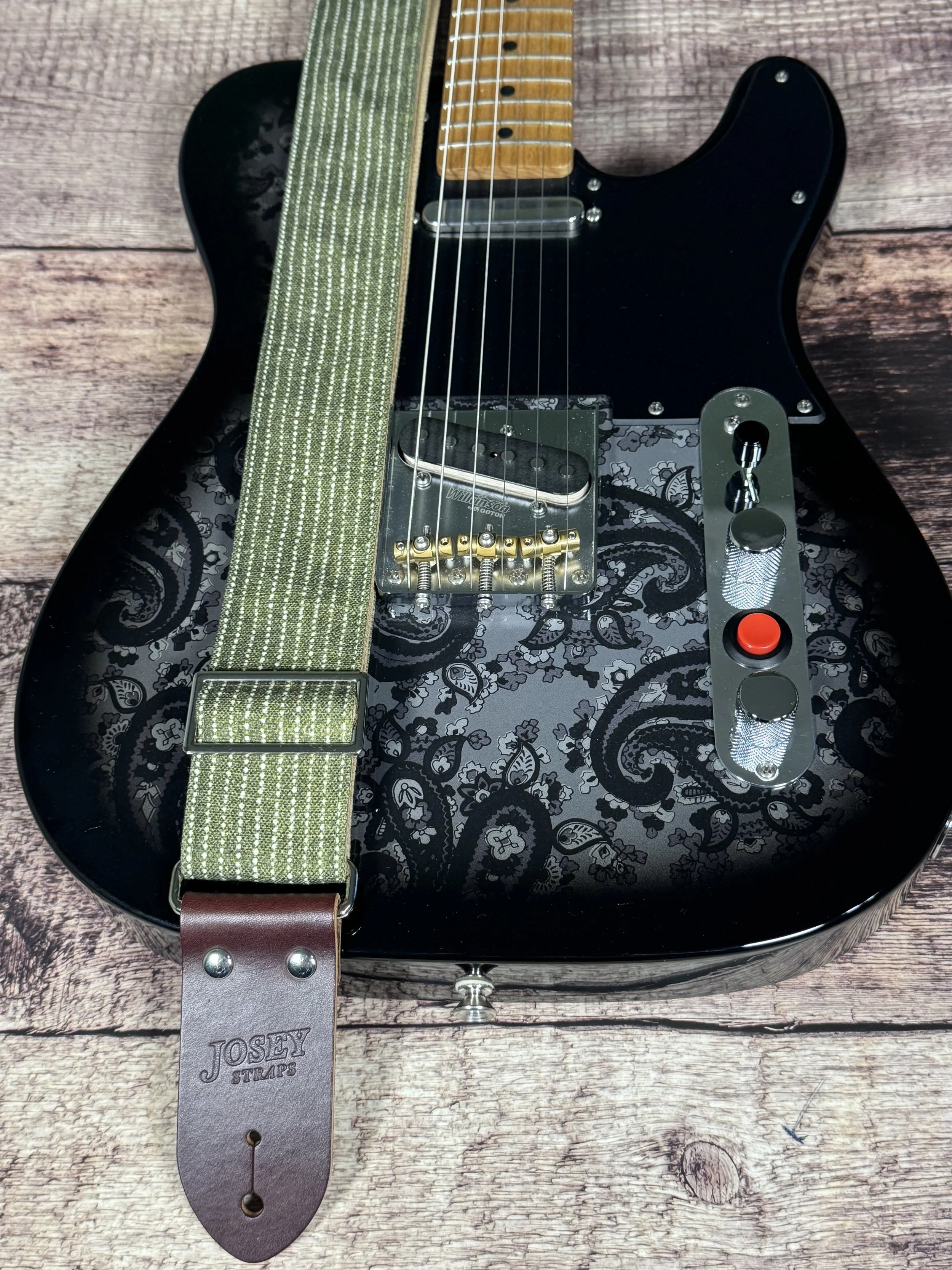 Olive green woven guitar strap with subtle stripe pattern and leather ends by Josey Straps, Mr. Green Jeans design